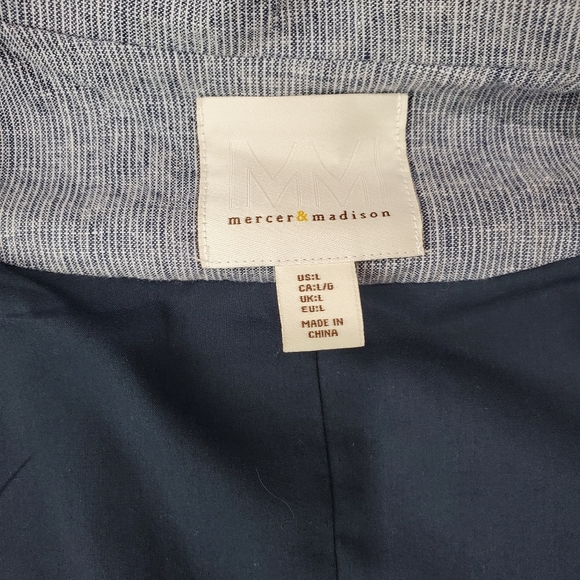 Women's Linen Blazer Blue and White Striped Open Front Seersucker Beachy SZ L - Picture 4 of 12